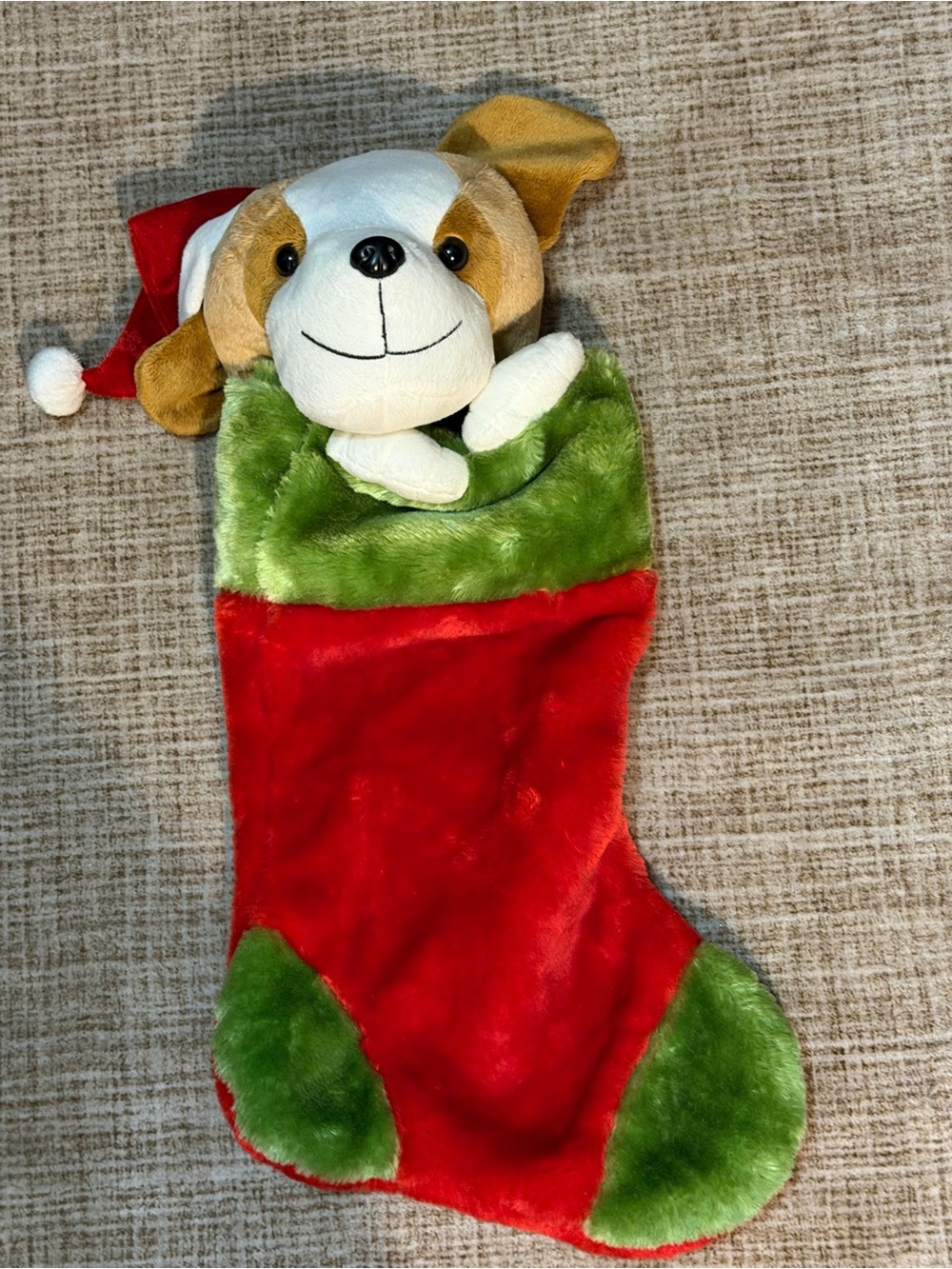 Target 2012 Prima Creations 3D Plush Puppy Dog Christmas Stocking Red Green EUC